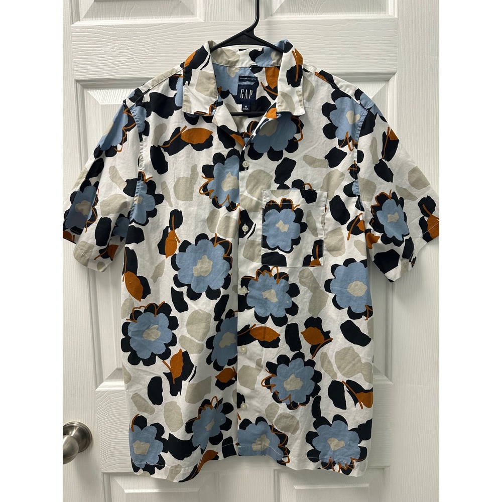 Gap Mens Standard Fit Stretch Floral Button Down Shirt Blue Black‎ Tan Size M